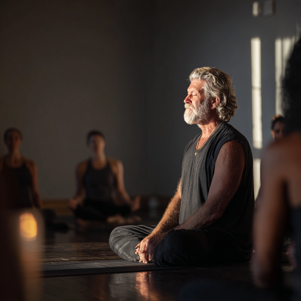 Experienced 50 years old yoga teacher guiding students in peaceful studio setting