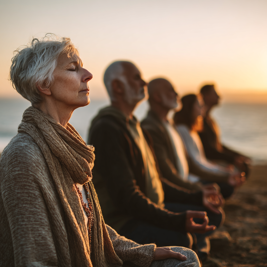 Serene group of 52 years old adults practicing meditation together at sunset